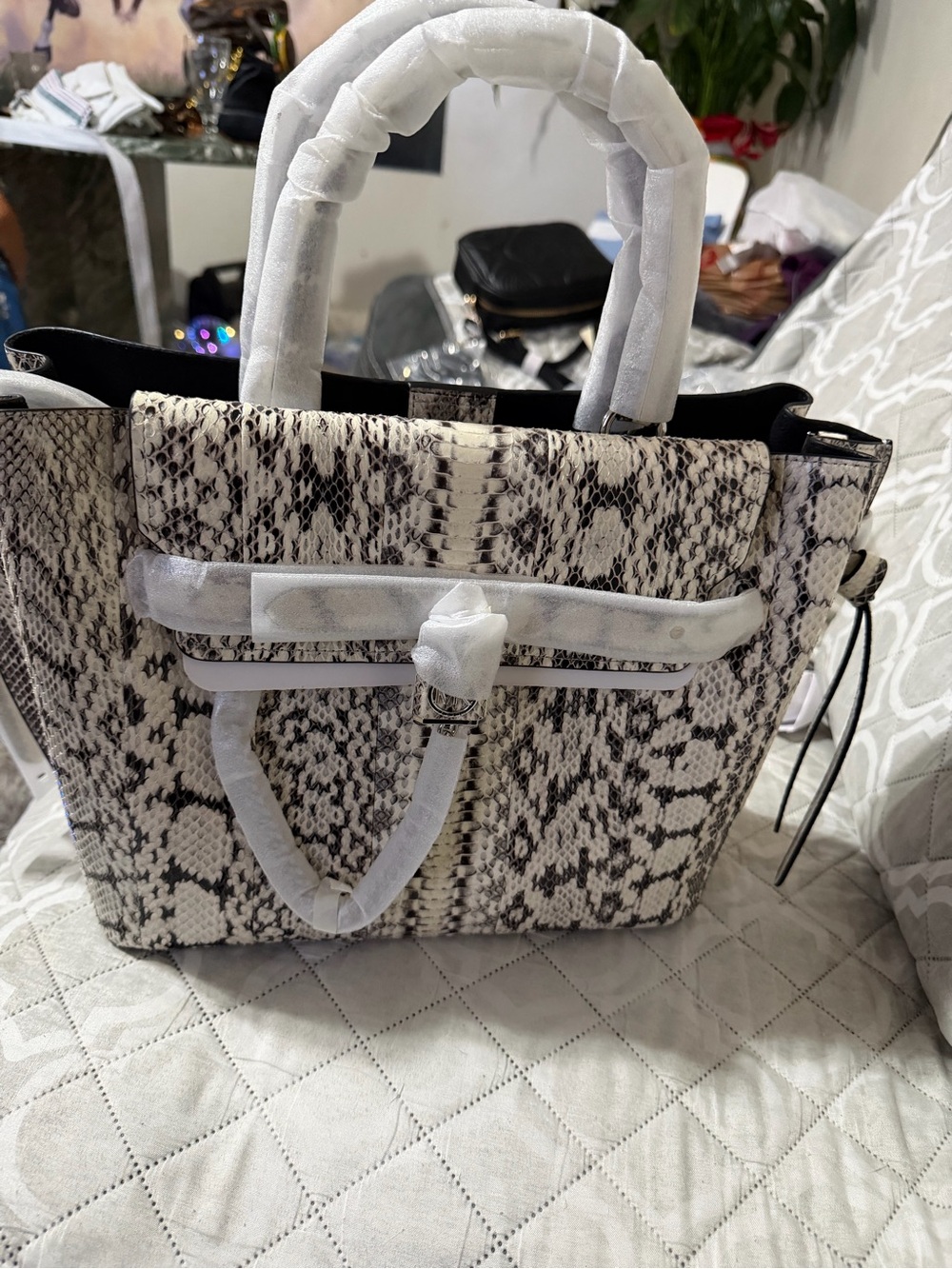Michael Kors Snake-Print Satchel in Black & White